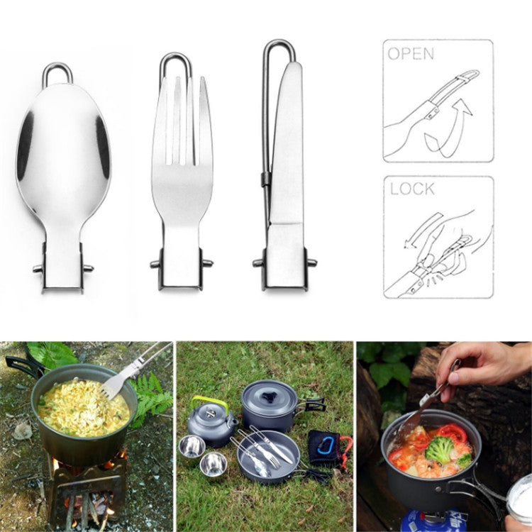 Camping utensil set: spoon, fork, and spatula with locking pieces