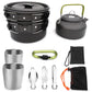 Camping teapot set kit with stackable pots, kettle, metal cups, and utensil pouch