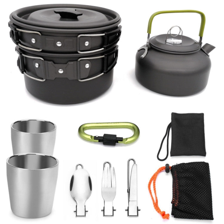 Camping teapot set kit with stackable pots, kettle, metal cups, and utensil pouch