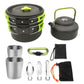 Camping teapot set: black pot with green handle, cups, utensils, and mesh storage bag