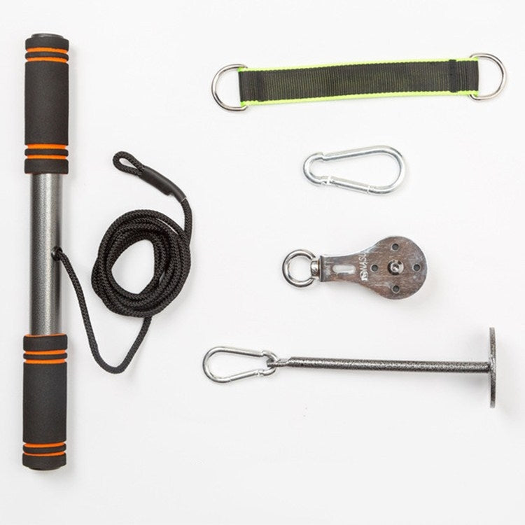 Rope winder arm-pulling trainer kit with metal rod, strap, carabiners, and rope