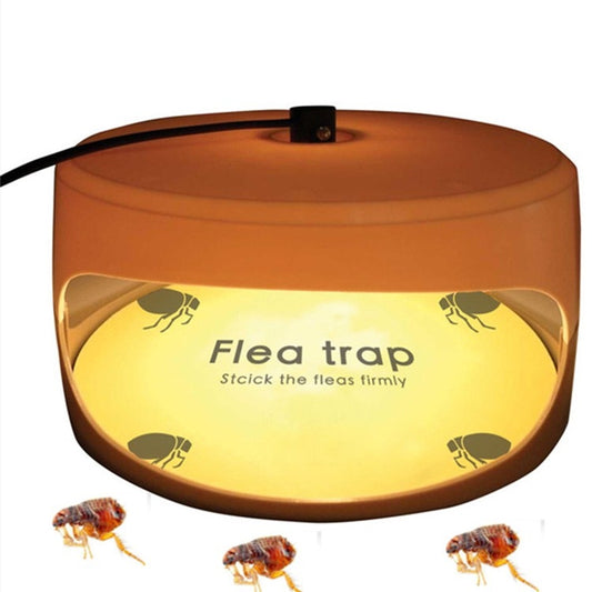 Amber and yellow flea trap lamp with top opening and flea icons
