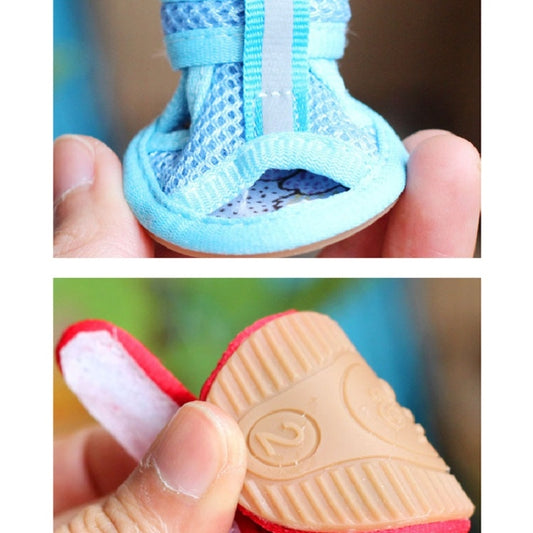 Light blue pet anti-skid mesh sandal with tan tread sole detail and hook strap