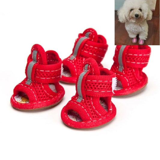 Red pet anti-skid mesh sandals with hook-and-loop straps, open toe