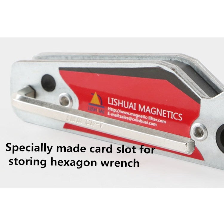 Magnetic welding locator fixture close-up showing card slot for hex wrench storage