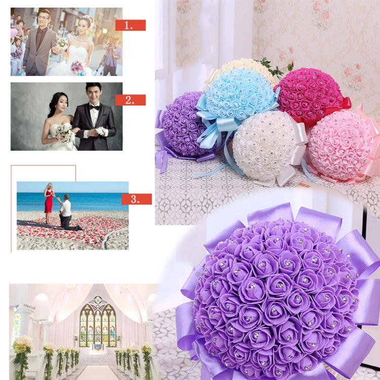 Assorted rose-bud wedding bouquet props in blue, pink, purple, and white