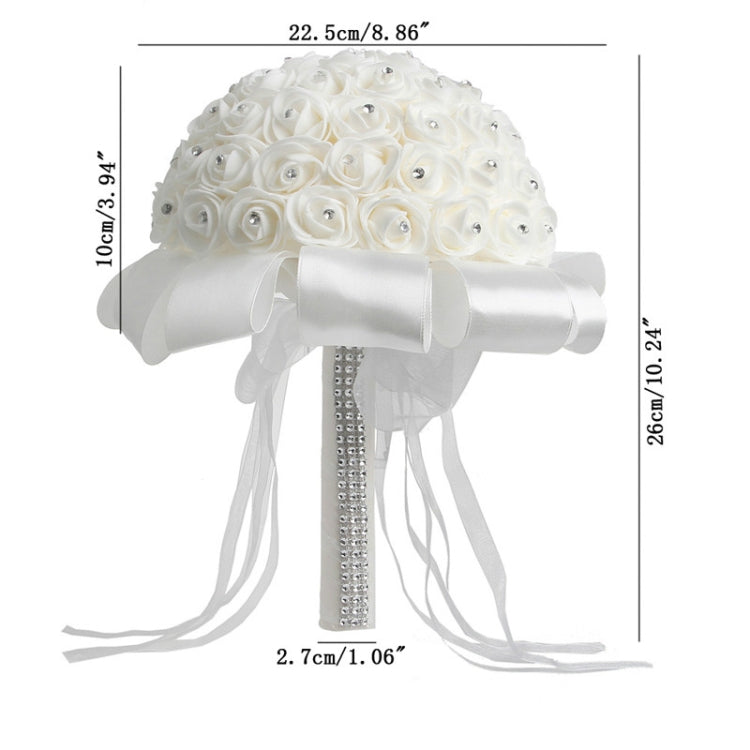 White rose-bud wedding bouquet with rhinestone handle, satin bow, and ribbon streamers