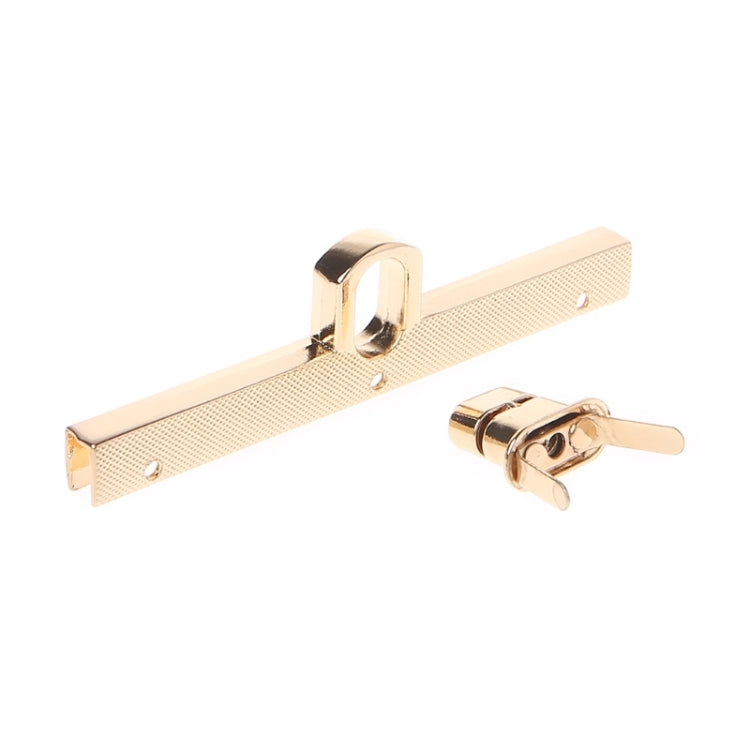 Textured metal mortise lock with raised housing and gold-tone latch lever