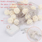 White LED rattan ball string lights with battery controller and plug-in connectors.
