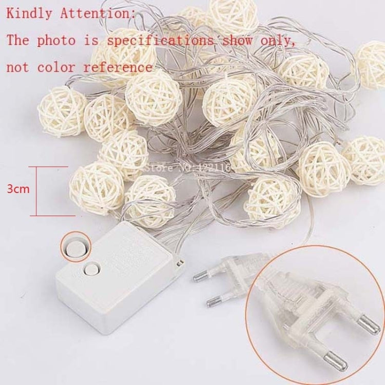 White LED rattan ball string lights with battery controller and plug-in connectors.