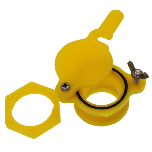 Yellow beekeeping honey flow valve faucet with circular ring opening and hose