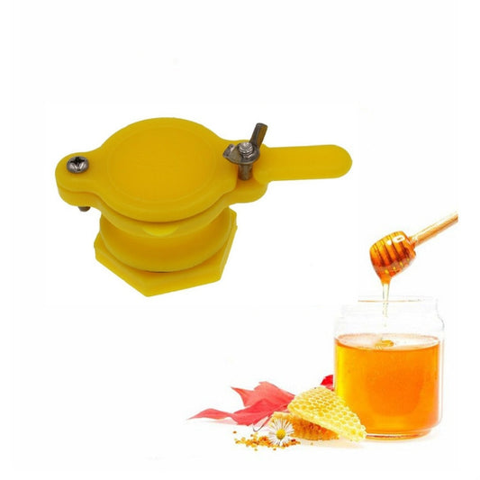 Yellow plastic honey flow valve faucet for beekeeping, with handle and metal screws