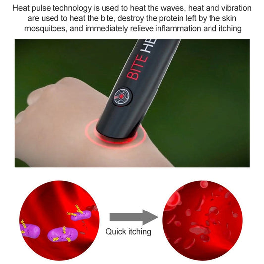 Mosquito bite relief pen heating tip shown over skin, with glowing red ring