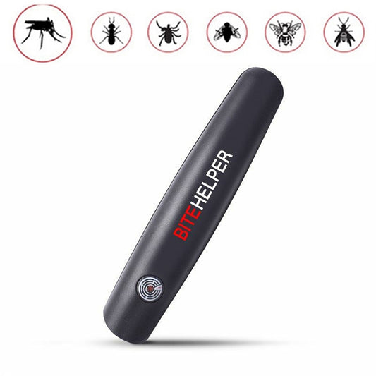 Mosquito bite relief pen, matte black with red “BITE HELPER” text