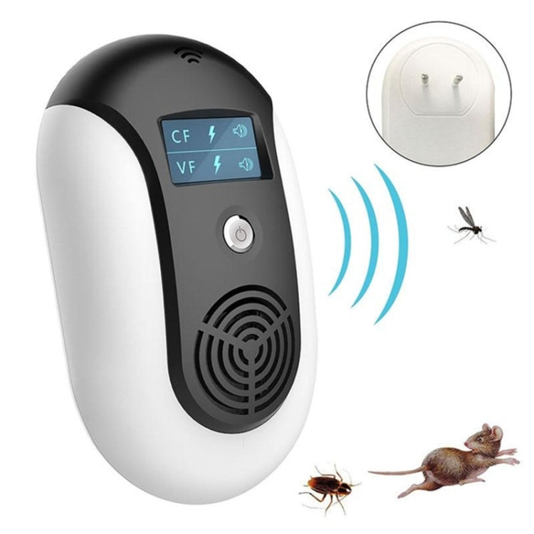 Ultrasonic pest repeller with LCD control panel and speaker grille, dark grey