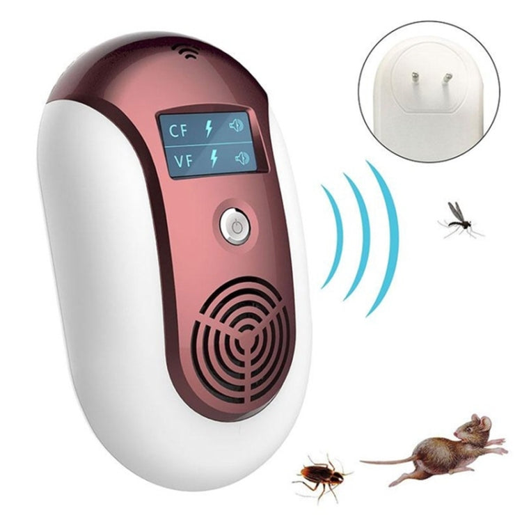 Ultrasonic pest repeller with maroon housing, LCD panel, and two-pin plug