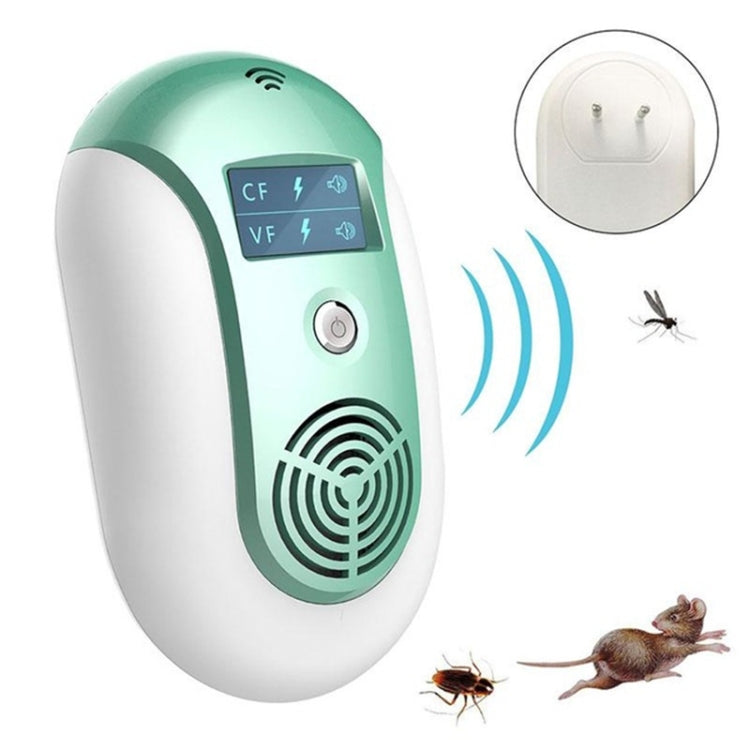 Ultrasonic pest repeller with green housing, LCD panel, and two-pin plug