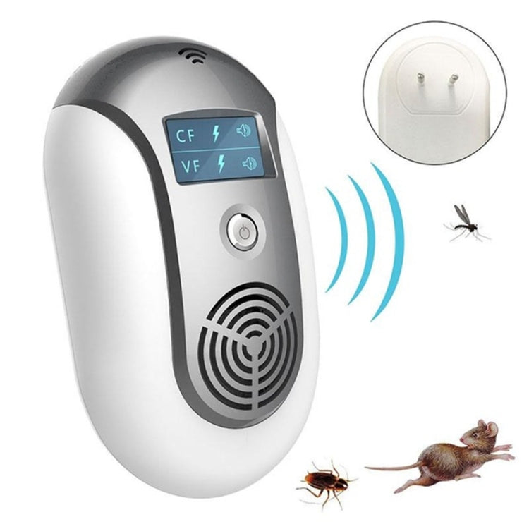 Ultrasonic pest repeller with LCD control panel and speaker grille, grey