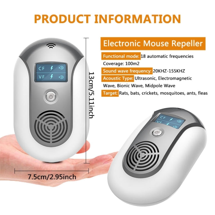 Compact ultrasonic mouse repeller with LCD display and front grille, shown with hand