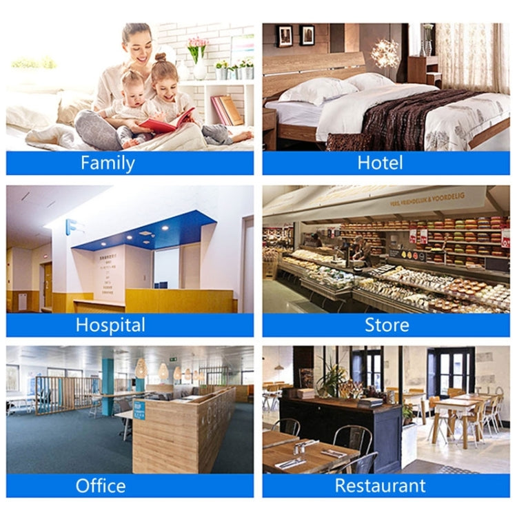 Use-case graphic for ultrasonic pest repeller: family, hotel, hospital, store, office, restaurant