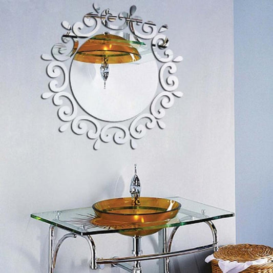 Mirror wall sticker with ornate silver circular frame and warm gold-toned center