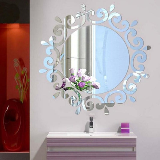 Silver flower-vine mirror wall sticker with ornate circular frame and curled scroll details