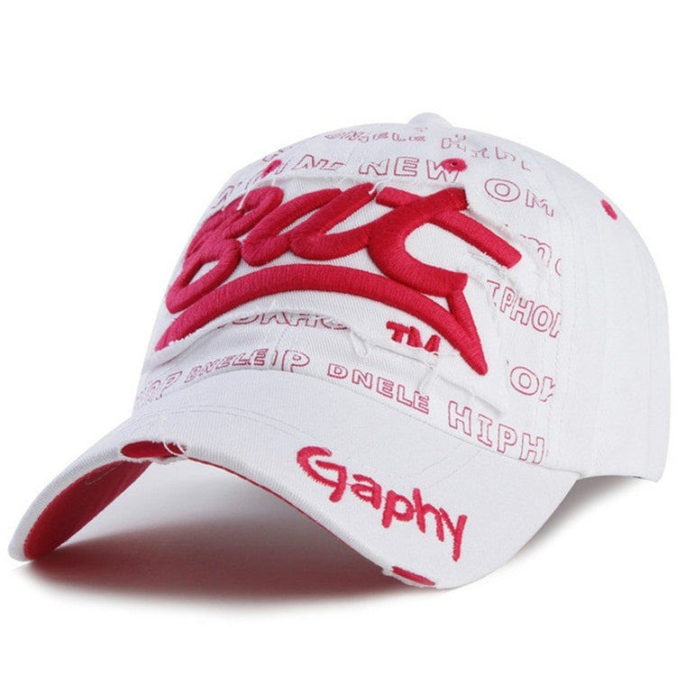Angled white baseball cap with red embroidered letters and curved brim, adjustable strap