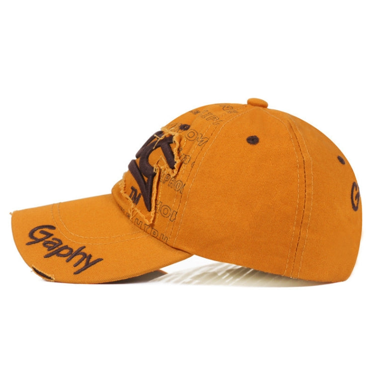 Orange baseball cap with black embroidered script logos and curved brim