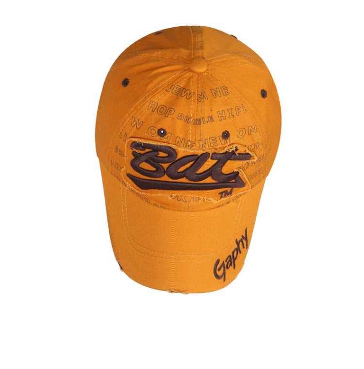Orange baseball cap with embroidered back text and patch-like logo detail