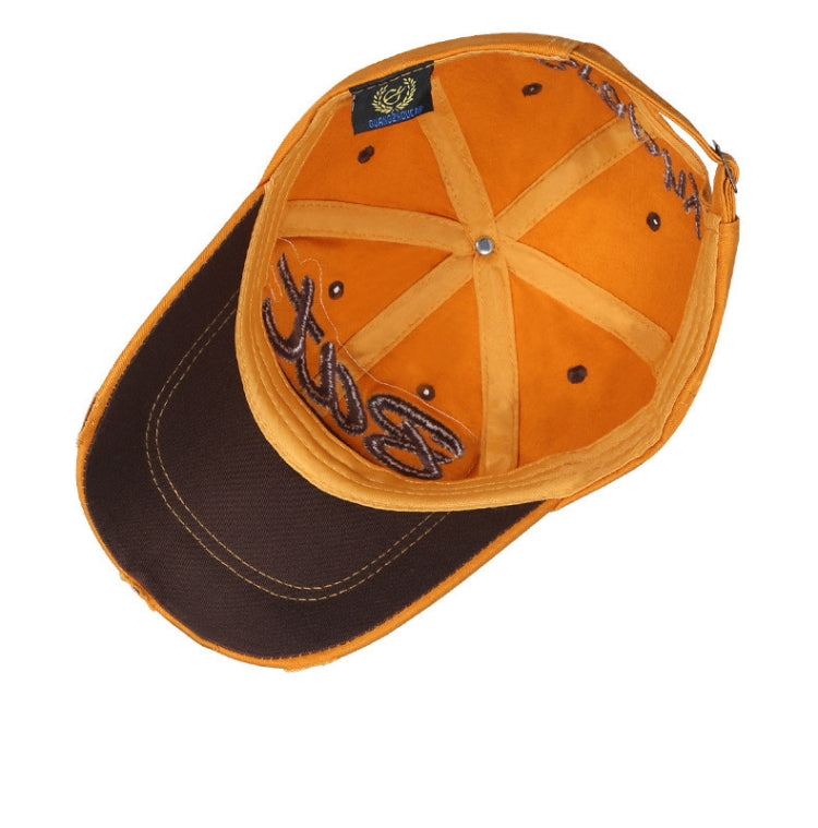 Orange-and-black baseball cap with stitched paneling and embroidered front logo