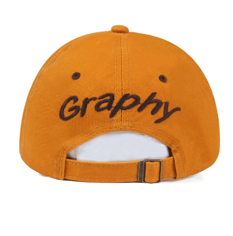 Orange baseball cap with Graphy logo text and adjustable back strap