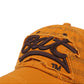 Close-up orange baseball cap with black embroidered word detail