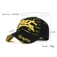 Black baseball cap with yellow embroidered graphic letters and curved brim