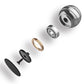 Rotating ball gyroscope toy parts: metal dome, black base, and mounting pieces.