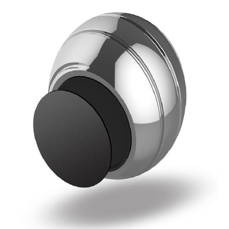 Black and silver rotating tabletop ball gyroscope toy with domed metal shell and base.