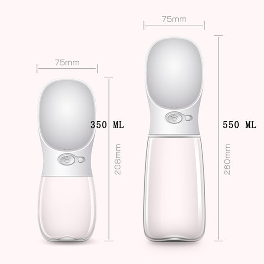 Portable pet water bottle size options: 350 ml and 550 ml with flip-up cup