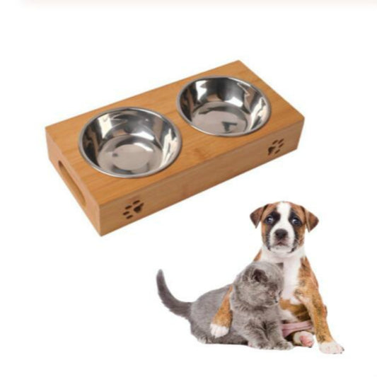 Bamboo pet feeding and water bowl set with two stainless steel bowls