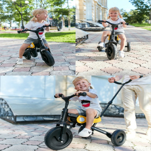 Baby tricycle with three wheels, white frame and teal seat, for young riders
