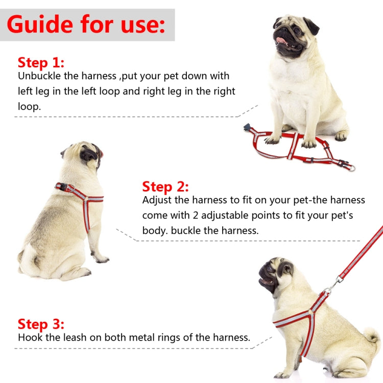 Red reflective nylon dog leash and harness set with instruction diagram views