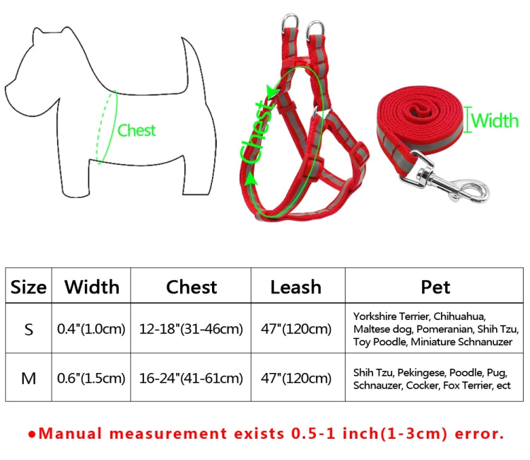 Reflective nylon dog leash and harness set with size and fit measurement chart