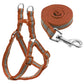 Brown reflective nylon dog leash and harness set with metal clasp and coiled strap