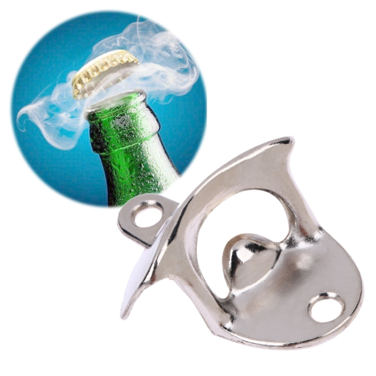 Silver wall-mounted bottle opener with mounting holes and vintage curved lever