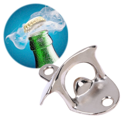 Silver wall-mounted bottle opener with mounting holes and vintage curved lever