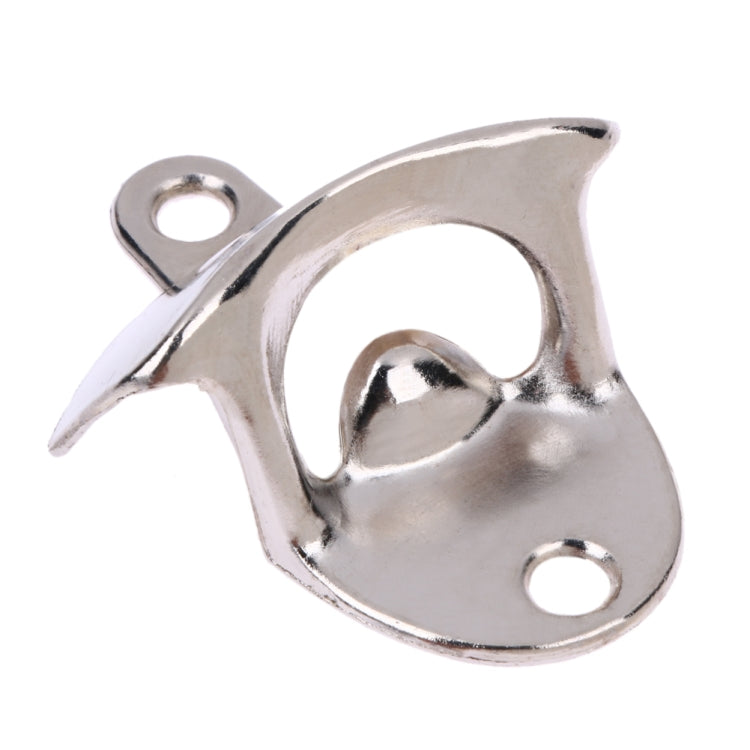 Silver wall-mounted bottle opener with oval grip and two mounting holes