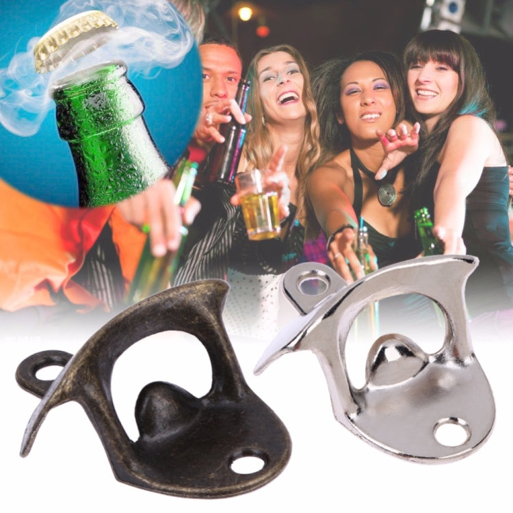 Set of two wall-mounted bottle openers: bronze and silver with mounting holes
