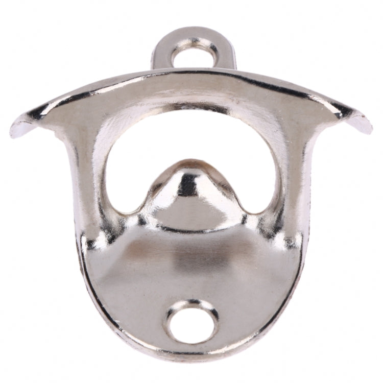 Silver wall-mounted bottle opener plate with curved lever and mounting hole
