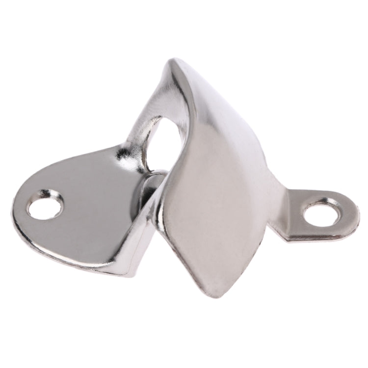 Silver wall-mounted bottle opener with two mounting holes and curved lever