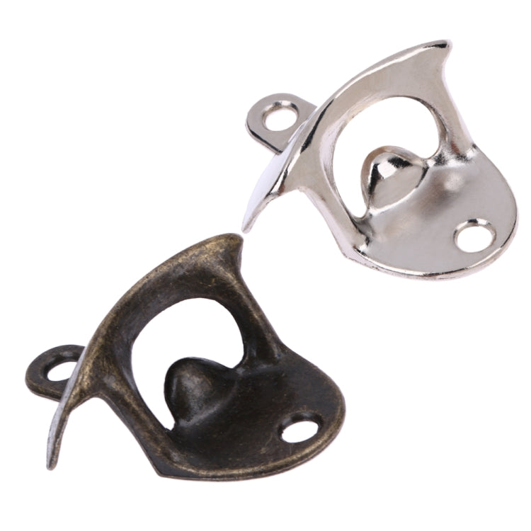 Two wall-mounted bottle openers: bronze and silver, each with mounting holes