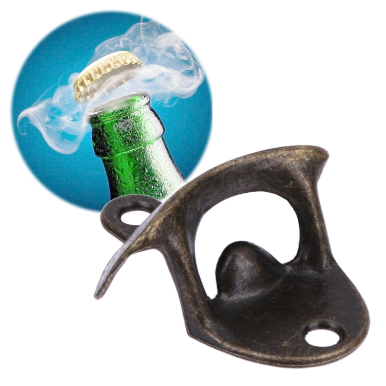 Antique bronze vintage wall-mounted bottle opener with curved handle and mounting holes