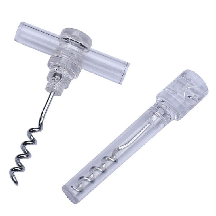 Clear plastic wine corkscrew tool with spiral worm and lever handle